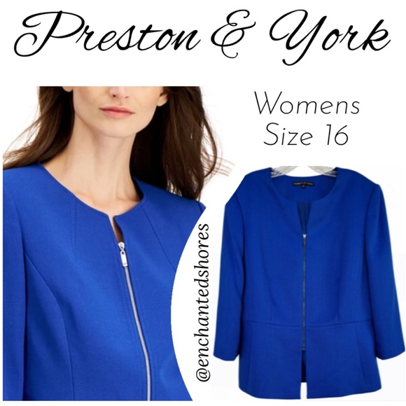 Classic Blazer Professional Power Suit Jacket Zip Up Round Vneck Blue Size 16 - Picture 1 of 16